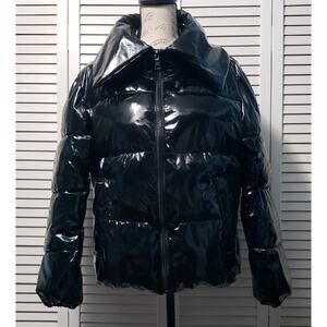 Kendall & Kylie Shiny Puffer Jacket Womens Small Cropped Oversize Collar Pockets